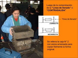 Luego de la comprobación
de la “Línea de llenado” o
“CONTRASALIDA”



               “línea de llenado”

   CORRECTO




 INCORRECTO



Se rellena la caja N° 2
con arena arnereada para
copiar fielmente la forma
original.
 