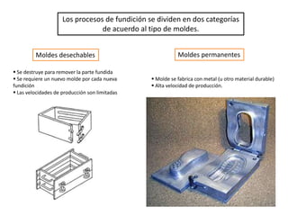Los procesos de fundición se dividen en dos categorías
                                 de acuerdo al tipo de moldes.


         Moldes desechables                                Moldes permanentes

 Se destruye para remover la parte fundida
 Se requiere un nuevo molde por cada nueva      Molde se fabrica con metal (u otro material durable)
fundición                                        Alta velocidad de producción.
 Las velocidades de producción son limitadas
 