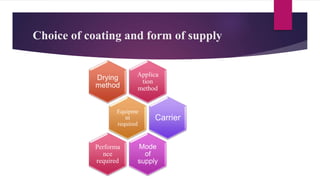 Choice of coating and form of supply
Applica
tion
method
Drying
method
Equipme
nt
required
Carrier
Mode
of
supply
Performa
nce
required
 