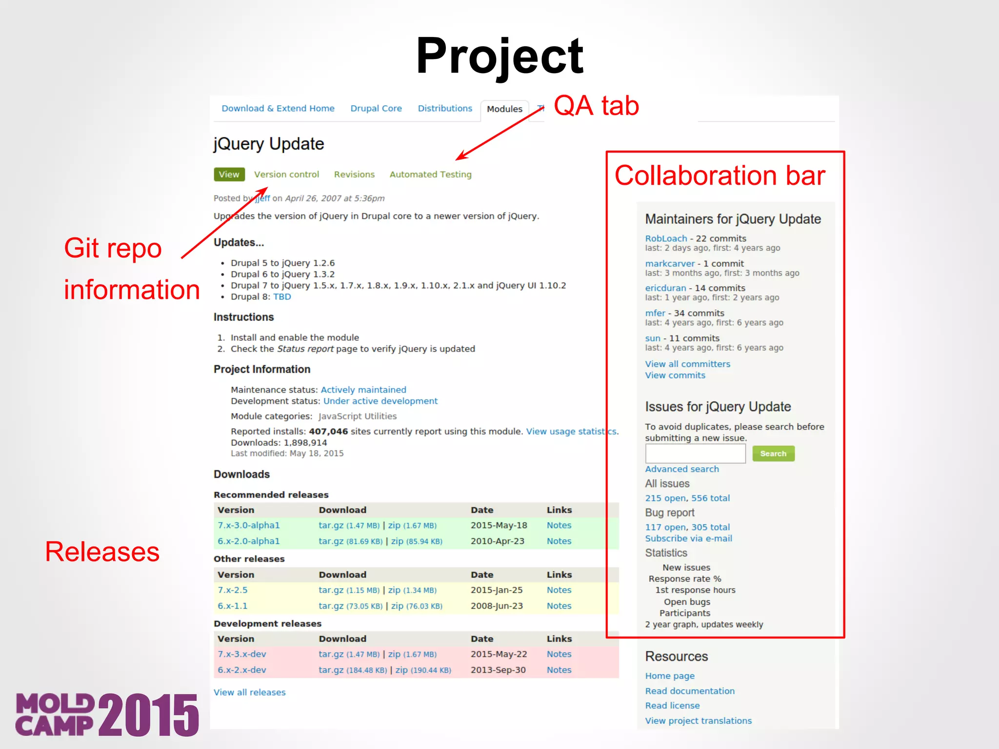 2015
Project
Collaboration bar
Git repo
information
Releases
QA tab
 
