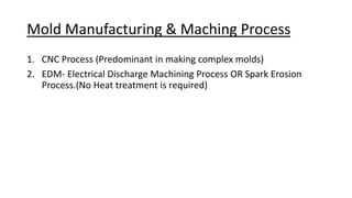 Mold Manufacturing & Maching Process
1. CNC Process (Predominant in making complex molds)
2. EDM- Electrical Discharge Machining Process OR Spark Erosion
Process.(No Heat treatment is required)
 