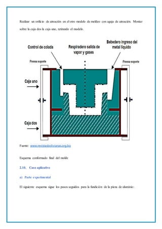 Realizar un orificio de aireación en el otro modelo de moldeo con aguja de aireación. Montar
sobre la caja dos la caja uno, retirando el modelo.
Fuente: www.revistasbolivianas.org.bo
Esquema conformado final del molde
2.10. Caso aplicativo
a) Parte experimental
El siguiente esquema sigue los pasos seguidos para la fundición de la pieza de aluminio:
 