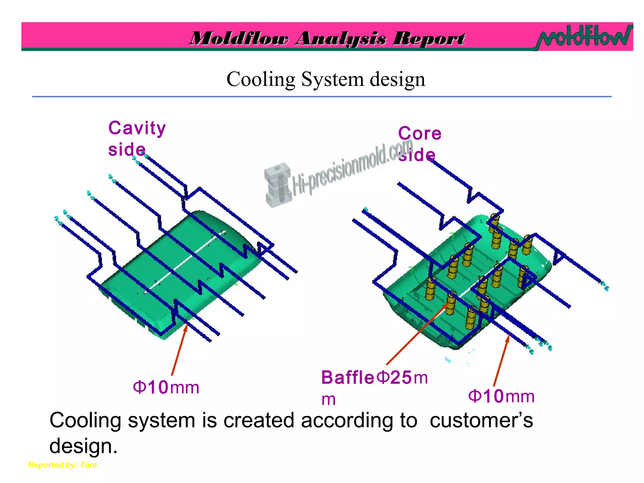 Moldflow Analysis ReportMoldflow Analysis Report
Reported by: Tom
Cooling System design
Cooling system is created according to customer’s
design.
Φ10mm
BaffleΦ25m
m
Φ10mm
Cavity
side
Core
side
 