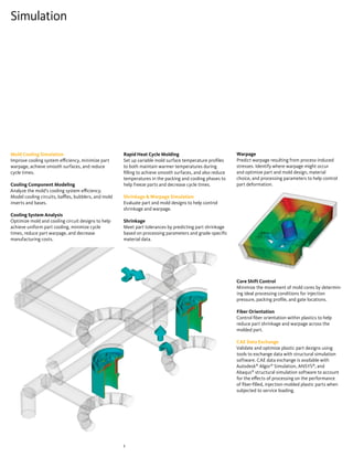 Simulation




Mold Cooling Simulation                               Rapid Heat Cycle Molding                              Warpage
Improve cooling system efficiency, minimize part      Set up variable mold surface temperature profiles     Predict warpage resulting from process-induced
warpage, achieve smooth surfaces, and reduce          to both maintain warmer temperatures during           stresses. Identify where warpage might occur
cycle times.                                          filling to achieve smooth surfaces, and also reduce   and optimize part and mold design, material
                                                      temperatures in the packing and cooling phases to     choice, and processing parameters to help control
Cooling Component Modeling                            help freeze parts and decrease cycle times.           part deformation.
Analyze the mold’s cooling system efficiency.
Model cooling circuits, baffles, bubblers, and mold   Shrinkage & Warpage Simulation
inserts and bases.                                    Evaluate part and mold designs to help control
                                                      shrinkage and warpage.
Cooling System Analysis
Optimize mold and cooling circuit designs to help     Shrinkage
achieve uniform part cooling, minimize cycle          Meet part tolerances by predicting part shrinkage
times, reduce part warpage, and decrease              based on processing parameters and grade-specific
manufacturing costs.                                  material data.




                                                                                                            Core Shift Control
                                                                                                            Minimize the movement of mold cores by determin-
                                                                                                            ing ideal processing conditions for injection
                                                                                                            pressure, packing profile, and gate locations.

                                                                                                            Fiber Orientation
                                                                                                            Control fiber orientation within plastics to help
                                                                                                            reduce part shrinkage and warpage across the
                                                                                                            molded part.

                                                                                                            CAE Data Exchange
                                                                                                            Validate and optimize plastic part designs using
                                                                                                            tools to exchange data with structural simulation
                                                                                                            software. CAE data exchange is available with
                                                                                                            Autodesk® Algor® Simulation, ANSYS®, and
                                                                                                            Abaqus® structural simulation software to account
                                                                                                            for the effects of processing on the performance
                                                                                                            of fiber-filled, injection-molded plastic parts when
                                                                                                            subjected to service loading.




                                                      3
 