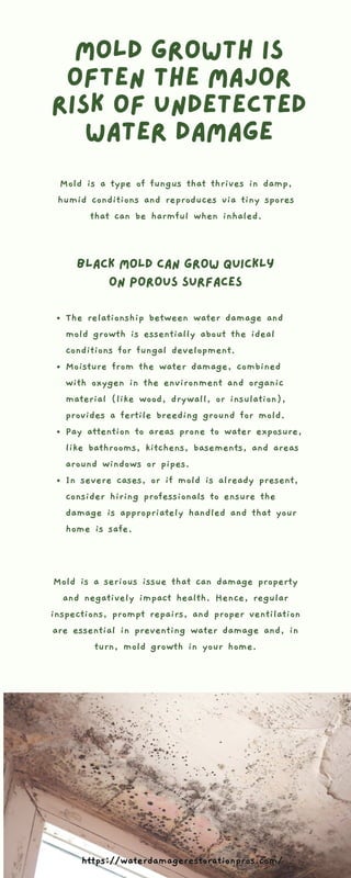 The relationship between water damage and
mold growth is essentially about the ideal
conditions for fungal development.
Moisture from the water damage, combined
with oxygen in the environment and organic
material (like wood, drywall, or insulation),
provides a fertile breeding ground for mold.
Pay attention to areas prone to water exposure,
like bathrooms, kitchens, basements, and areas
around windows or pipes.
In severe cases, or if mold is already present,
consider hiring professionals to ensure the
damage is appropriately handled and that your
home is safe.
Black Mold Can Grow Quickly
on Porous Surfaces
Mold is a type of fungus that thrives in damp,
humid conditions and reproduces via tiny spores
that can be harmful when inhaled.
Mold is a serious issue that can damage property
and negatively impact health. Hence, regular
inspections, prompt repairs, and proper ventilation
are essential in preventing water damage and, in
turn, mold growth in your home.
https://waterdamagerestorationpros.com/
https://waterdamagerestorationpros.com/
Mold Growth is
often the Major
Risk of Undetected
Water Damage
 