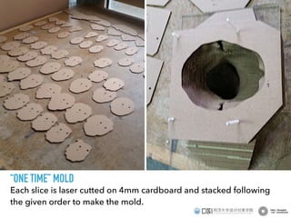 Each slice is laser cutted on 4mm cardboard and stacked following
the given order to make the mold.
“ONE TIME” MOLD
 