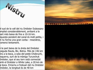 Al sud de la vall del riu Dnièster Dubossary ampliat considerablement, arribant a la part més baixa de fins a 10-16 km. Aquesta pendent del canal és molt petita, i el riu forma una gran corba - meandres, comenci lentament.  A la part baixa de la dreta del Dnièster caiguda Rauta, Bic, Botna. Més de 146 km fins a la boca, a sota del poble Chobruchi, esquerra, surt de la màniga Turunchuk Dnièster, que al seu torn està connectat amb el Dnièster a White Lake, a 20 km de la boca. S'inscriu a l'estuari del riu Dnièster Dnièster, la longitud és de 40 km 