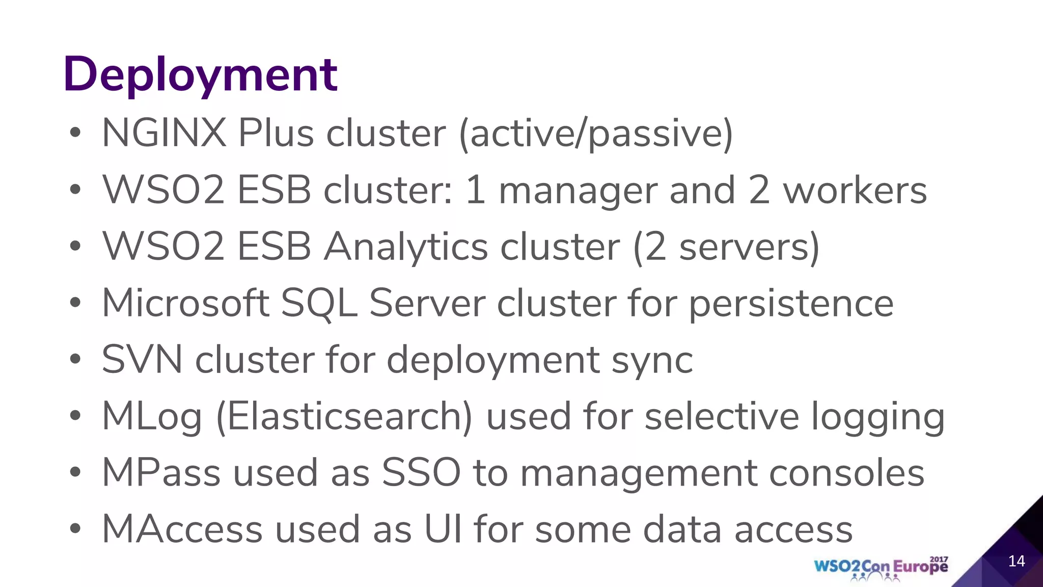 Deployment
• NGINX Plus cluster (active/passive)
• WSO2 ESB cluster: 1 manager and 2 workers
• WSO2 ESB Analytics cluster (2 servers)
• Microsoft SQL Server cluster for persistence
• SVN cluster for deployment sync
• MLog (Elasticsearch) used for selective logging
• MPass used as SSO to management consoles
• MAccess used as UI for some data access
 