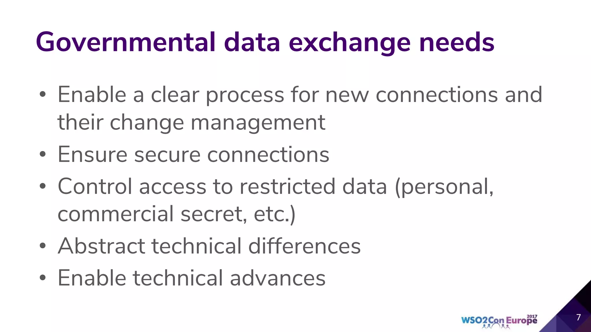 Governmental data exchange needs
• Enable a clear process for new connections and
their change management
• Ensure secure connections
• Control access to restricted data (personal,
commercial secret, etc.)
• Abstract technical differences
• Enable technical advances
 