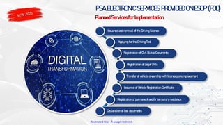 Restricted Use - À usage restreint
Planned Services for Implementation
Registration of permanent and/or temporary residence
Applying for the Driving Test
Issuance of Vehicle Registration Certificate
Registration of Legal Units
Declaration of lost documents
Issuance and renewal of the Driving Licence
Registration of Civil Status Documents
Transfer of vehicle ownership with licence plate replacement
PSA ELECTRONIC SERVICES PROVIDED ON ESDP (FOD)
 