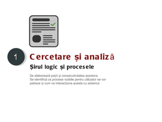 1   C e rc etare și analiz ă
    Șirul logic și proc es ele
    Se elaborează pașii și consecutivitatea acestora.
    Se identifică ce procese vizibile pentru utilizator se vor
    petrece și cum va interacționa acesta cu sistemul.
 