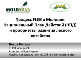Процесс FLEG в Молдове: Национальный План Действий (НПД)  и приоритеты развития лесного хозяйства Петру Ротару FLEG local point Агенство «Молдсилва» Локальный консультант МСОП по законодательству 