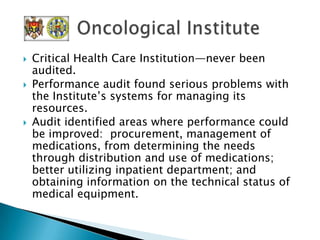   Strategic Development of the Court of Accounts:           Switching from  external control  to external public auditThe Court of Accounts, with support of international donors and expertsdeveloped and implemented the Strategic Development Plan for the Court of Accounts for the period April 2006–December 2010