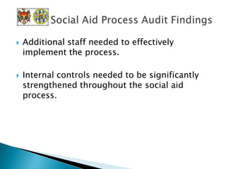 While some objectives were being achieved,  improvements were still needed.Contracting authorities were not developing procurement plans as required.Procurements were not adequately documented.Significant improvements needed in contract monitoring.Government agency established for overseeing procurement process was not fulfilling mandate.Procurement Audit Findings