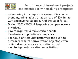 Identified weaknesses in program implementation, reporting of performance indicators, and management of the program’s financial resources.The Program was developed for the long term but was not adjusted to reflect current economic conditions.Audit Findings – Viticulture and Winemaking