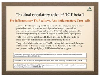 The dual regulatory roles of TGF beta-1
Pro-inflammatory Th17 cells vs. Anti-inflammatory T reg cells
Activated Th17 cells supply their own TGFb1 to help maintain their
pro-inflammatory posture in antigen-challenged tissues like
mucous membranes. T reg cell-derived TGFb1 helps maintain the
immune suppressing action of T reg cells in the body’s periphery.
Th17 cells secrete cytokines IL-17, IL-21, and IL-22, shown to be
more active in autoimmune and inflammatory disease.
T reg cells delete autoreactive T cells, induce tolerance, and dampen
inflammation. Natural T regs are thymus-derived. Inducible T regs
are present in the periphery. TGFb1 recruits both types.
Peterson RA. Regulatory T cells: diverse phenotypes integral to immune homeostasis and suppression.
Toxicologic Pathology. 2012;40(2):186-204.
Hatton RD. TGF-b in Th17 cell development: the truth is out there. Immunity. 2011 Mar 25;34(3):288-90.
Han G, Li F, Singh TP, Wolf P, Wang XJ. The pro-inflammatory role of TGF beta-1: a paradox? International
Journal of Biological Sciences. 2012;8(2):228-35.

 