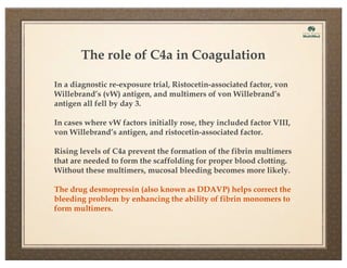 The role of C4a in Coagulation
In a diagnostic re-exposure trial, Ristocetin-associated factor, von
Willebrand’s (vW) antigen, and multimers of von Willebrand’s
antigen all fell by day 3.
In cases where vW factors initially rose, they included factor VIII,
von Willebrand’s antigen, and ristocetin-associated factor.
Rising levels of C4a prevent the formation of the fibrin multimers
that are needed to form the scaffolding for proper blood clotting.
Without these multimers, mucosal bleeding becomes more likely.
The drug desmopressin (also known as DDAVP) helps correct the
bleeding problem by enhancing the ability of fibrin monomers to
form multimers.

 