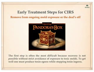 Early Treatment Steps for CIRS
Remove from ongoing mold exposure or the deal’s off
Opening

The first step is often the most difficult because recovery is not
possible without strict avoidance of exposure to toxic molds. To get
well one must produce toxin egress while stopping toxin ingress.

 