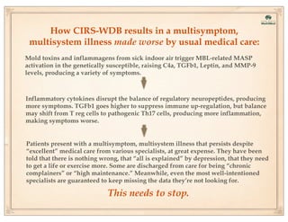 How CIRS-WDB results in a multisymptom,
multisystem illness made worse by usual medical care:
Mold toxins and inflammagens from sick indoor air trigger MBL-related MASP
activation in the genetically susceptible, raising C4a, TGFb1, Leptin, and MMP-9
levels, producing a variety of symptoms.

Inflammatory cytokines disrupt the balance of regulatory neuropeptides, producing
more symptoms. TGFb1 goes higher to suppress immune up-regulation, but balance
may shift from T reg cells to pathogenic Th17 cells, producing more inflammation,
making symptoms worse.
Patients present with a multisymptom, multisystem illness that persists despite
“excellent” medical care from various specialists, at great expense. They have been
told that there is nothing wrong, that “all is explained” by depression, that they need
to get a life or exercise more. Some are discharged from care for being “chronic
complainers” or “high maintenance.” Meanwhile, even the most well-intentioned
specialists are guaranteed to keep missing the data they’re not looking for.

This needs to stop.

 