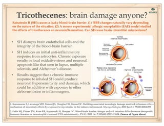 Tricothecenes: brain damage anyone?
Satratoxin H (SH) causes a leaky blood-brain barrier. (1) BBB changes naturally vary depending
on the nature of the situation. (2) A mouse experimental allergic encephalitis (EAE) model studied
the effects of tricothecenes on neuroinflammation. Can SHcause brain interstitial microedema?

•

SH disrupts brain endothelial cells and the
integrity of the blood-brain barrier.

•

SH induces an initial anti-inflammatory
response from astrocytes. Chronic exposure
results in local oxidative stress and neuronal
apoptosis like that seen in lupus, multiple
sclerosis, and Alzheimer’s disease.

•

Results suggest that a chronic immune
response to inhaled SH could produce
neuronal hypersensitivity and damage, which
could be additive with exposure to other
airborne toxins or inflammagens.

1. Karunasena E, Larranaga MD, Simoni JS, Douglas DR, Straus DC. Building-associated neurologic damage modeled in human cells: a
mechanism of neurotoxic effects by exposure to mycotoxins in the indoor environment. Mycopathologia, 2010 Jun 13. PMID:22846391
2. Fabis MJ, Phares TW, Kean RB, Koprowski H, Hooper DC. Blood-brain barrier changes and cell invasion differ between therapeutic
immune clearance or neurotrophic virus and CNS autoimmunity. PNAS. 2008 Oct 7;105(40):15221-15634. (Source of figure above)

 
