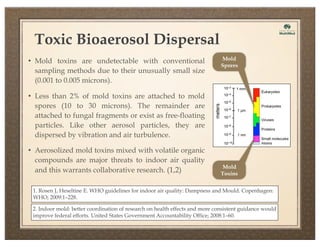 Toxic Bioaerosol Dispersal
• Mold toxins are undetectable with conventional

sampling methods due to their unusually small size
(0.001 to 0.005 microns).

Mold
Spores

• Less than 2% of mold toxins are attached to mold

spores (10 to 30 microns). The remainder are
attached to fungal fragments or exist as free-floating
particles. Like other aerosol particles, they are
dispersed by vibration and air turbulence.
• Aerosolized mold toxins mixed with volatile organic

compounds are major threats to indoor air quality
and this warrants collaborative research. (1,2)

Mold
Toxins

1. Rosen J, Heseltine E. WHO guidelines for indoor air quality: Dampness and Mould. Copenhagen:
WHO; 2009:1–228.
2. Indoor mold: better coordination of research on health effects and more consistent guidance would
improve federal efforts. United States Government Accountability Office; 2008:1–60.

 