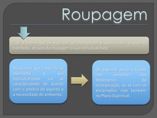 A cada vez que o espírito se
manifesta a sua
individualidade, vai se
caracterizando de acordo
com o arbítrio do espírito e
a necessidade do ambiente.
Os espíritos assim o fazem
não somente nos
fenômenos de
incorporação, ou só com os
encarnados, mas também
no Plano Espiritual.
É a forma que os espíritos se manifestam e comunicam. O espírito
manifesta, através da roupagem a sua individualidade.
 