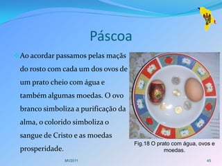 Páscoa
 Ao acordar passamos pelas maçãs
 do rosto com cada um dos ovos de
 um prato cheio com água e
 também algumas moedas. O ovo
 branco simboliza a purificação da
 alma, o colorido simboliza o
 sangue de Cristo e as moedas
                                     Fig.18 O prato com água, ovos e
 prosperidade.                                   moedas.
                 MV2011                                         45
 