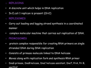 o REPLICONS
• A discrete unit which helps in DNA replication
• In E.coli 1 replicon is present (OriC)
o REPLISOMES
• Carry out leading and lagging strand synthesis in a coordinated
manner
• complex molecular machine that carries out replication of DNA.
o PRIMOSOMES
• protein complex responsible for creating RNA primers on single
stranded DNA during DNA replication
• Consists of primase molecule linked to DNA helicase
• Moves along with replication fork and synthesis RNA primer
• DnaG primase, DnaB helicase, DnaC helicase assistant, DnaT, PriA, Pri B,
and PriC
 