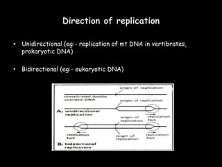 Direction of replication
• Unidirectional (eg:- replication of mt DNA in vertibrates,
prokaryotic DNA)
• Bidirectional (eg:- eukaryotic DNA)
 