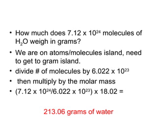 How much does 7.12 x 10 24  molecules of H 2 O weigh in grams? We are on atoms/molecules island, need to get to gram island. divide # of molecules by 6.022 x 10 23 then multiply by the molar mass (7.12 x 10 24 /6.022 x 10 23 ) x 18.02 =  213.06 grams of water 