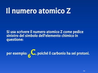 Il numero atomico Z
Si usa scrivere il numero atomico Z come pedice
sinistro del simbolo dell'elemento chimico in
questione:
per esempio:
6
C, poiché il carbonio ha sei protoni.
24
 