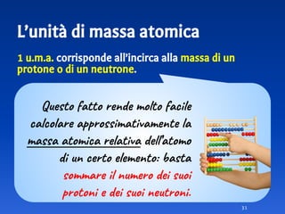 L’unità di massa atomica
1 u.m.a. corrisponde all’incirca alla massa di un
protone o di un neutrone.
31
Questo fatto rende molto facile
calcolare approssimativamente la
massa atomica relativa dell’atomo
di un certo elemento: basta
sommare il numero dei suoi
protoni e dei suoi neutroni.
 