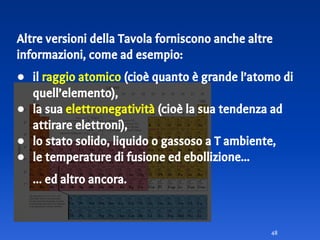 48
Altre versioni della Tavola forniscono anche altre
informazioni, come ad esempio:
● il raggio atomico (cioè quanto è grande l’atomo di
quell’elemento),
● la sua elettronegatività (cioè la sua tendenza ad
attirare elettroni),
● lo stato solido, liquido o gassoso a T ambiente,
● le temperature di fusione ed ebollizione...
… ed altro ancora.
 