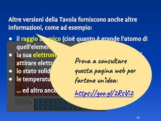 49
Altre versioni della Tavola forniscono anche altre
informazioni, come ad esempio:
● il raggio atomico (cioè quanto è grande l’atomo di
quell’elemento),
● la sua elettronegatività (cioè la sua tendenza ad
attirare elettroni),
● lo stato solido, liquido o gassoso a T ambiente,
● le temperature di fusione ed ebollizione...
… ed altro ancora.
Prova a consultare
questa pagina web per
fartene un’idea:
https://goo.gl/2RsVi2
 
