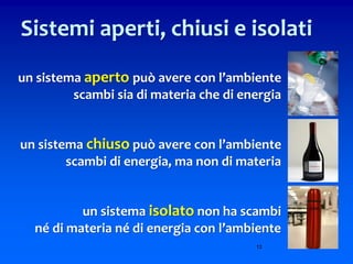 12
Sistemi aperti, chiusi e isolati
un sistema aperto può avere con l’ambiente
scambi sia di materia che di energia
un sistema chiuso può avere con l’ambiente
scambi di energia, ma non di materia
un sistema isolato non ha scambi
né di materia né di energia con l’ambiente
 