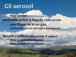 30
Negli aerosol
particelle solide o liquide molto piccole
sono disperse in un gas,
formando così un miscuglio eterogeneo.
Nuvole e nebbia sono esempi di aerosol,
dove le particelle disperse
sono piccole gocce d’acqua…
Gli aerosol
 
