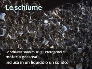 33
Le schiume sono miscugli eterogenei di
materia gassosa
inclusa in un liquido o un solido.
Le schiume
 