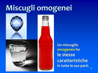 Un miscuglio
omogeneo ha
le stesse
caratteristiche
in tutte le sue parti. 35
Miscugli omogenei
 