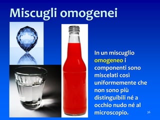 In un miscuglio
omogeneo i
componenti sono
miscelati così
uniformemente che
non sono più
distinguibili né a
occhio nudo né al
microscopio. 36
Miscugli omogenei
 