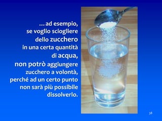 …ad esempio,
se voglio sciogliere
dello zucchero
in una certa quantità
di acqua,
non potrò aggiungere
zucchero a volontà,
perché ad un certo punto
non sarà più possibile
dissolverlo.
38
 