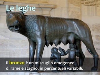 Il bronzo è un miscuglio omogeneo
di rame e stagno, in percentuali variabili.
Le leghe
 