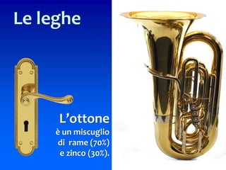 L’ottone
è un miscuglio
di rame (70%)
e zinco (30%).
Le leghe
 