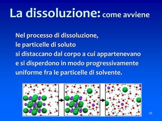 56
La dissoluzione:come avviene
Nel processo di dissoluzione,
le particelle di soluto
si distaccano dal corpo a cui appartenevano
e si disperdono in modo progressivamente
uniforme fra le particelle di solvente.
 