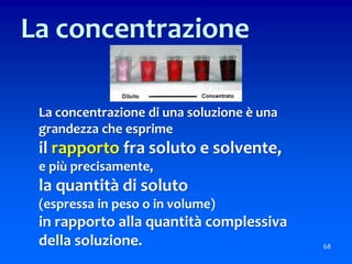 La concentrazione di una soluzione è una
grandezza che esprime
il rapporto fra soluto e solvente,
e più precisamente,
la quantità di soluto
(espressa in peso o in volume)
in rapporto alla quantità complessiva
della soluzione. 68
La concentrazione
 