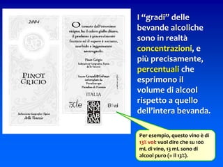 73
Per esempio, questo vino è di
13% vol: vuol dire che su 100
mL di vino, 13 mL sono di
alcool puro (= il 13%).
I “gradi” delle
bevande alcoliche
sono in realtà
concentrazioni, e
più precisamente,
percentuali che
esprimono il
volume di alcool
rispetto a quello
dell’intera bevanda.
 
