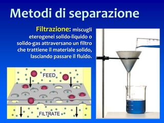 Filtrazione: miscugli
eterogenei solido-liquido o
solido-gas attraversano un filtro
che trattiene il materiale solido,
lasciando passare il fluido.
77
Metodi di separazione
 