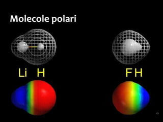 Molecole apolari
All’interno di queste molecole
le cariche elettriche di segno opposto, oltre
che numericamente bilanciate, sono anche
distribuite uniformemente
lungo la molecola,
cioè «sparpagliate»
in modo che
non si creino addensamenti
e quindi poli.
 