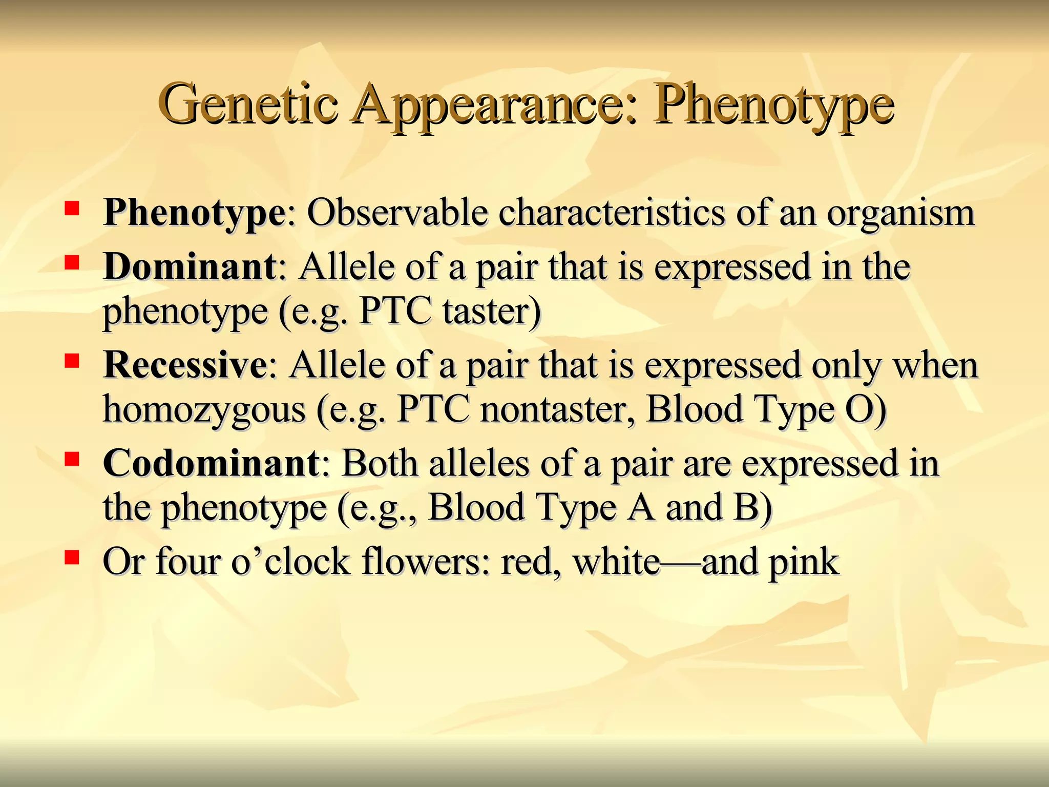 Genetic Appearance: Phenotype Phenotype : Observable characteristics of an organism Dominant : Allele of a pair that is expressed in the phenotype (e.g. PTC taster) Recessive : Allele of a pair that is expressed only when homozygous (e.g. PTC nontaster, Blood Type O) Codominant : Both alleles of a pair are expressed in the phenotype (e.g., Blood Type A and B) Or four o’clock flowers: red, white—and pink 