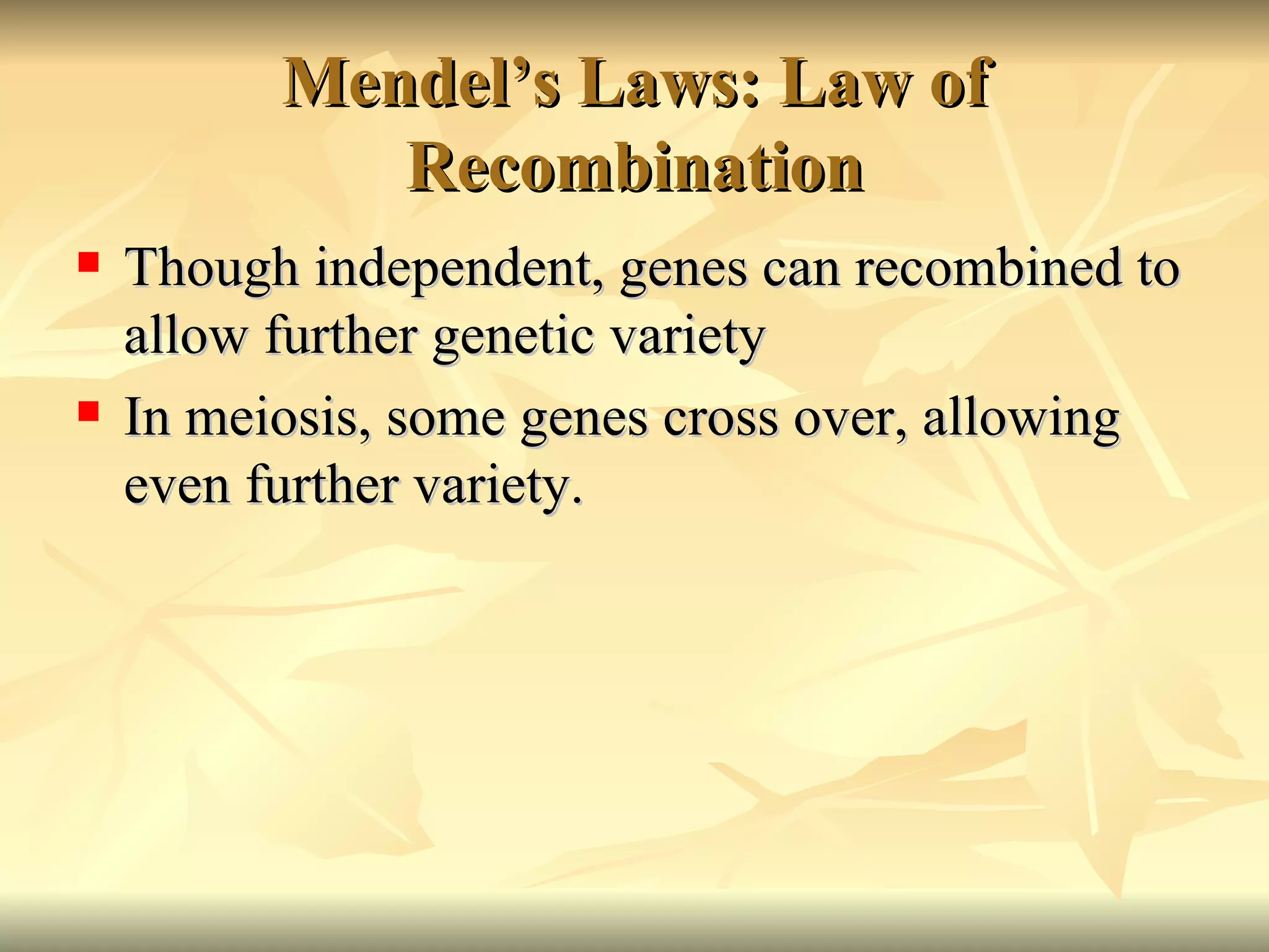 Mendel’s Laws: Law of Recombination Though independent, genes can recombined to allow further genetic variety In meiosis, some genes cross over, allowing even further variety.  