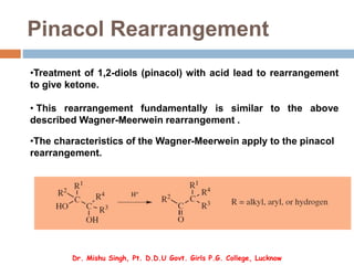 Pinacol Rearrangement
•Treatment of 1,2-diols (pinacol) with acid lead to rearrangement
to give ketone.
• This rearrangement fundamentally is similar to the above
described Wagner-Meerwein rearrangement .
•The characteristics of the Wagner-Meerwein apply to the pinacol
rearrangement.
Dr. Mishu Singh, Pt. D.D.U Govt. Girls P.G. College, Lucknow
 